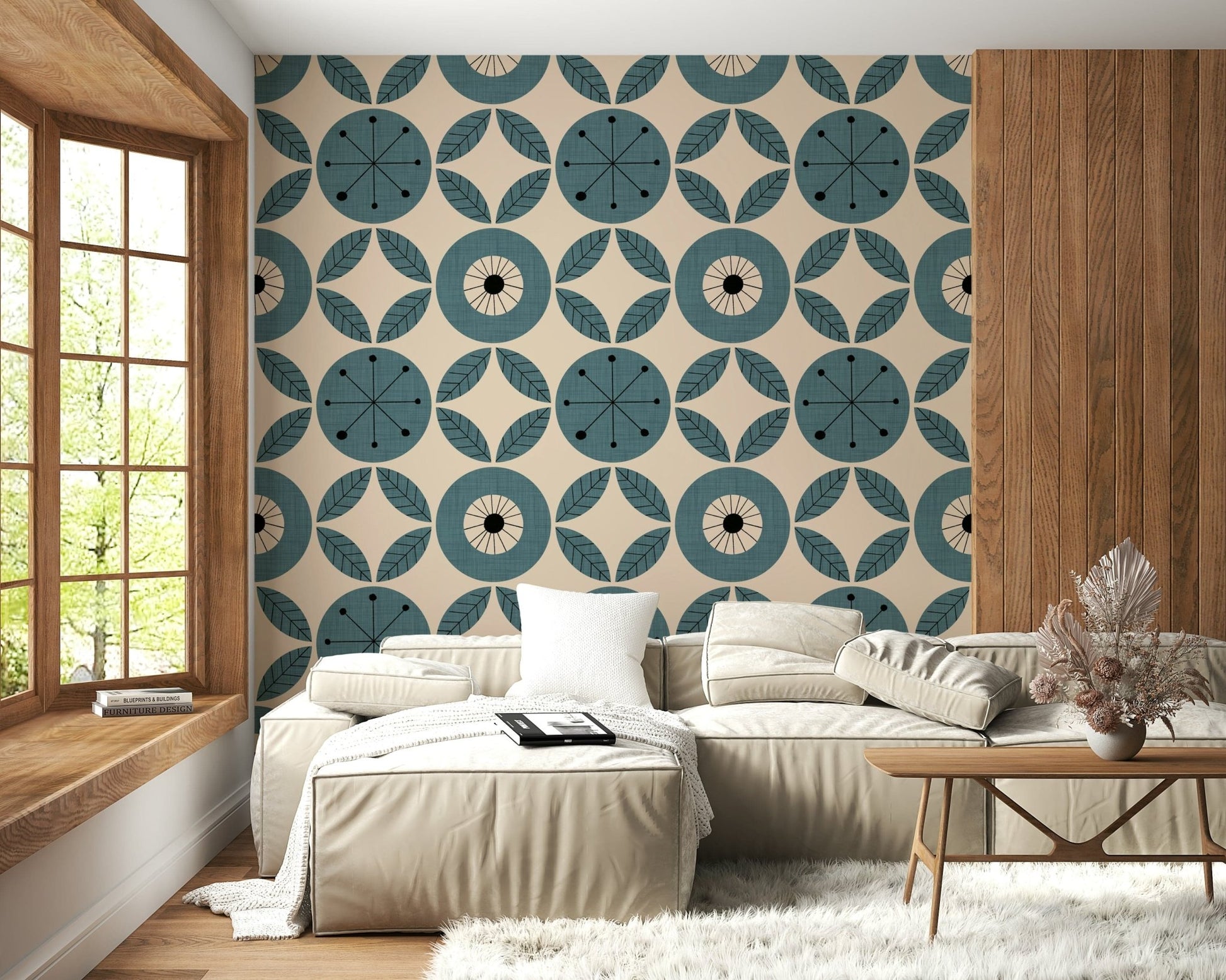 Stylized teal flower-like circles and leaf accents arranged in a vintage geometric wallpaper layout.