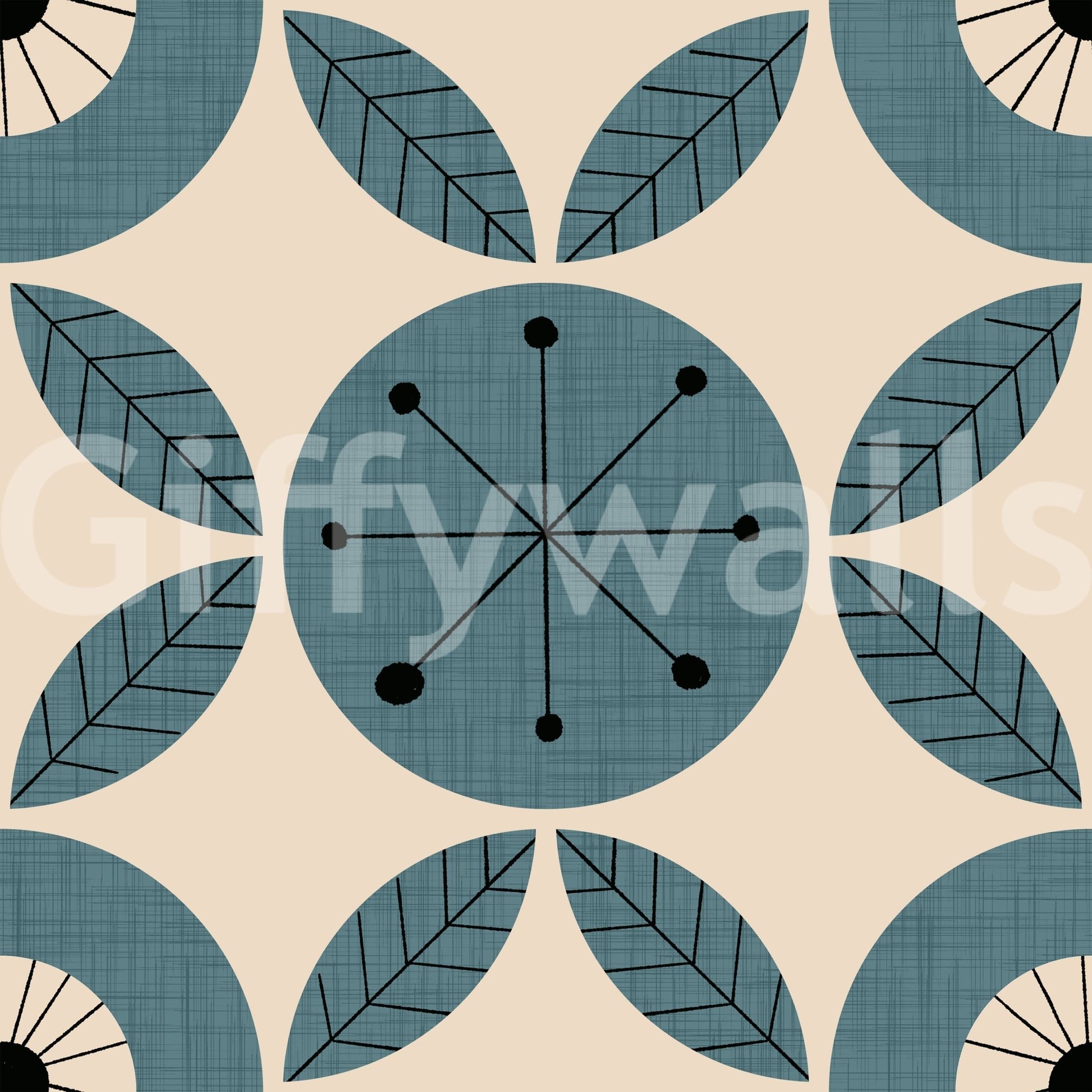 A teal retro wallpaper with rotating circular designs and repeating leaf geometry.
