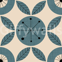 A teal retro wallpaper with rotating circular designs and repeating leaf geometry.
