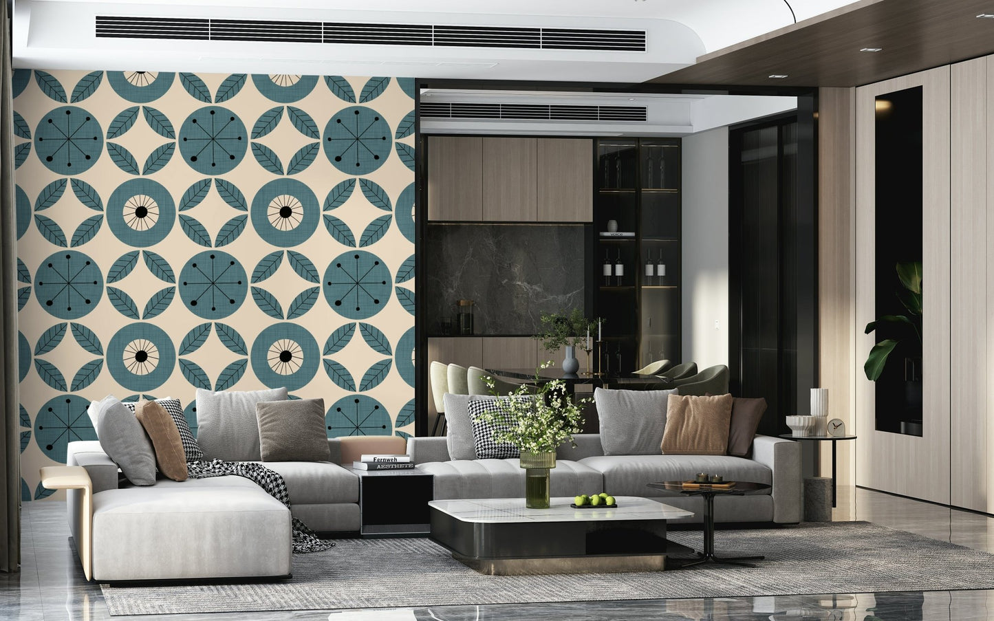 Vintage-inspired teal circles and leaf motifs forming a harmonious geometric wallpaper pattern.