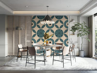Retro-style wallpaper showcasing teal wheel-like circles paired with leafy geometric elements.