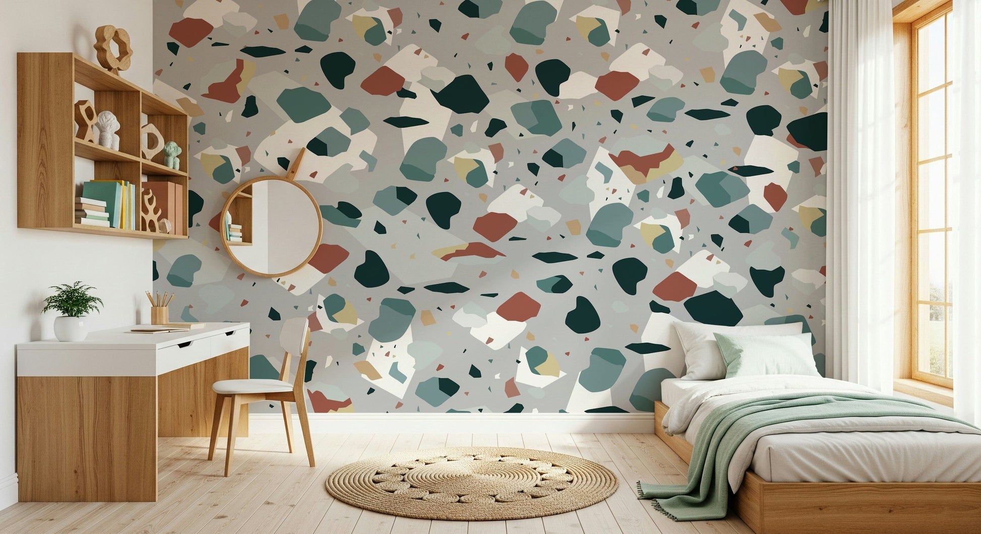 A graceful subtle geometric wall mural in cool, natural tones.