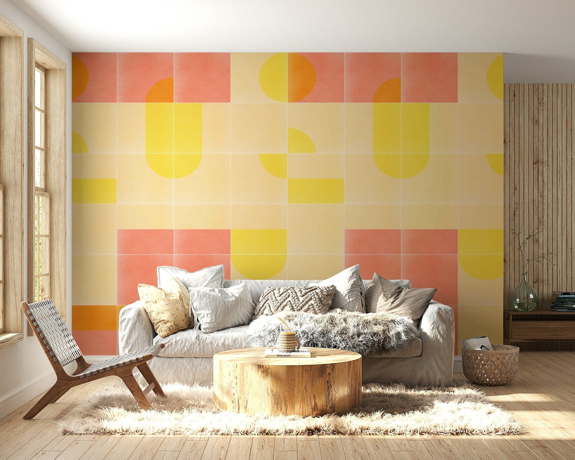 Playful geometric tile wallpaper with retro color palette


