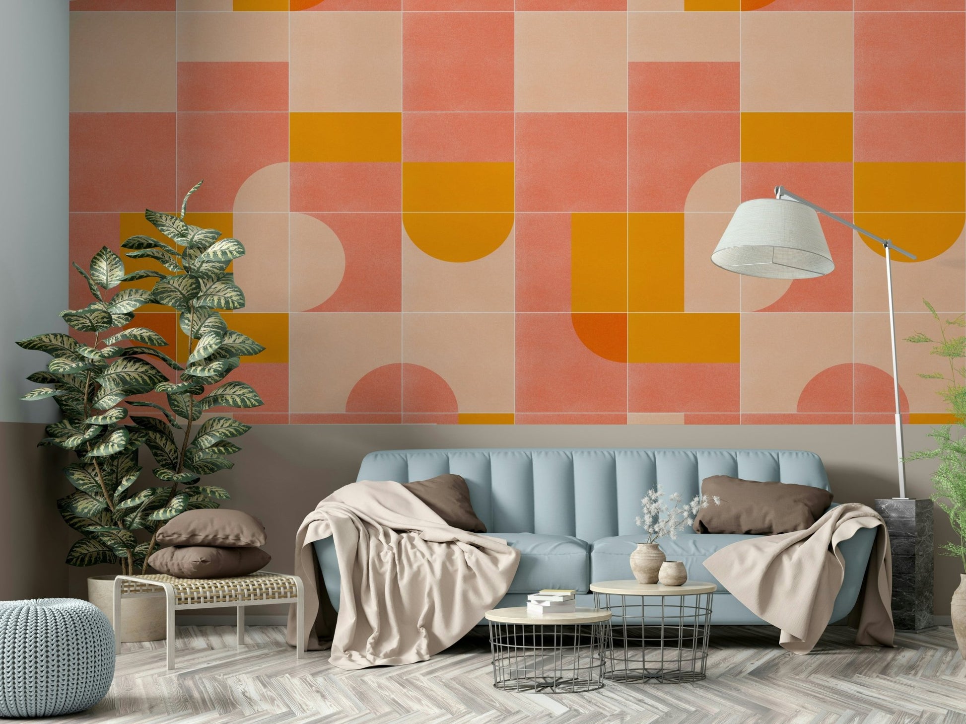 Stylish and bold retro tile mural in earthy, vintage hues

