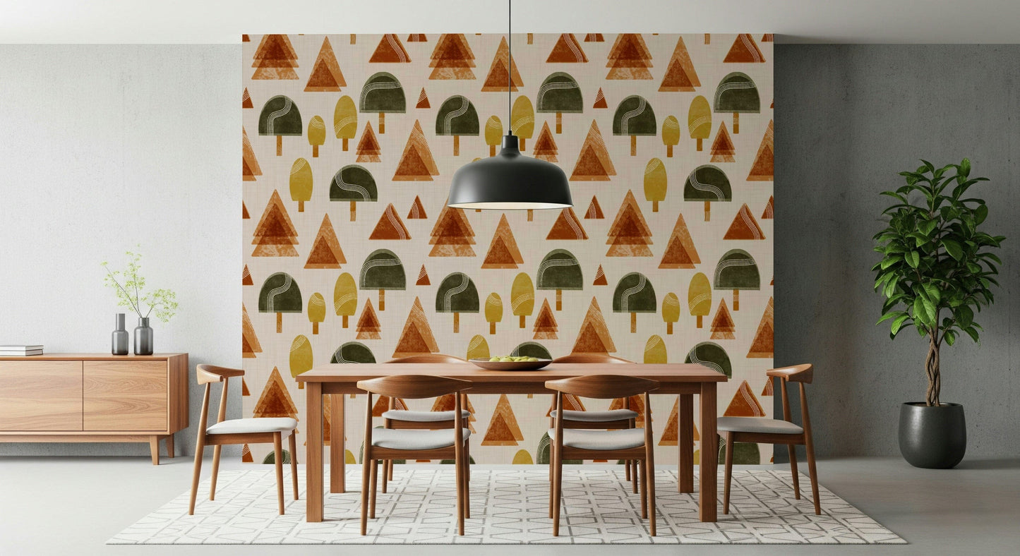A peaceful retro woodland mural on decorative wallpaper.

