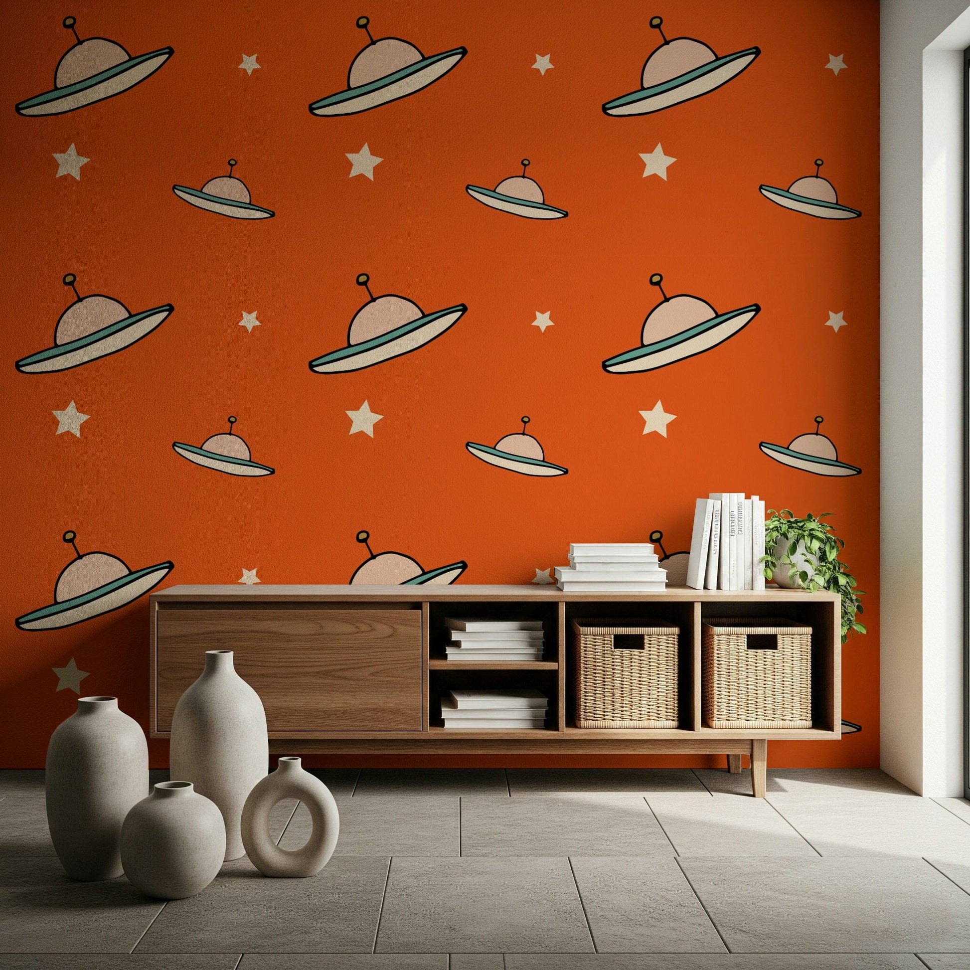 Stylized spaceship mural, cool orange kids' room design, whimsical Vintage pattern.