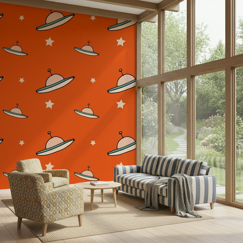 Minimal Vintage UFO wallpaper, playful orange alien ships, retro space wall mural.