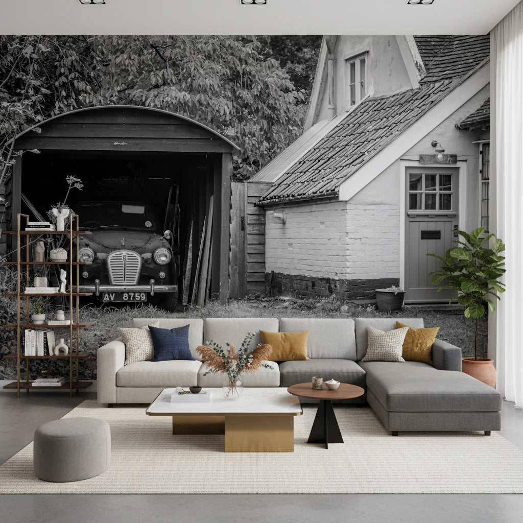 Retro Vehicle Hideaway wallpaper mural of a vintage car in a garage behind a beige and grey sectional in a living room