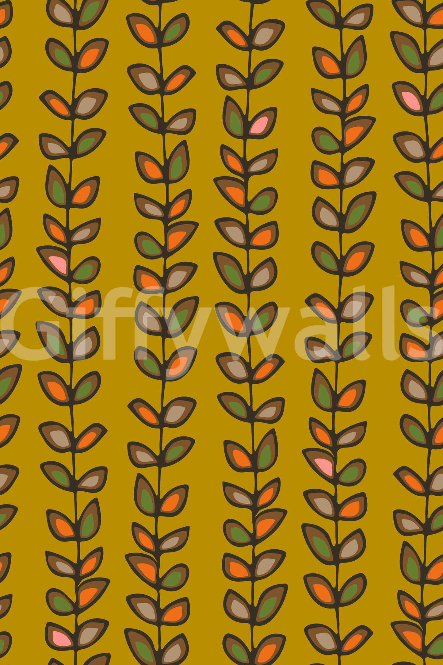 A lively retro wallpaper featuring colorful leaves and upward vine stripes on a rich mustard backdrop.
