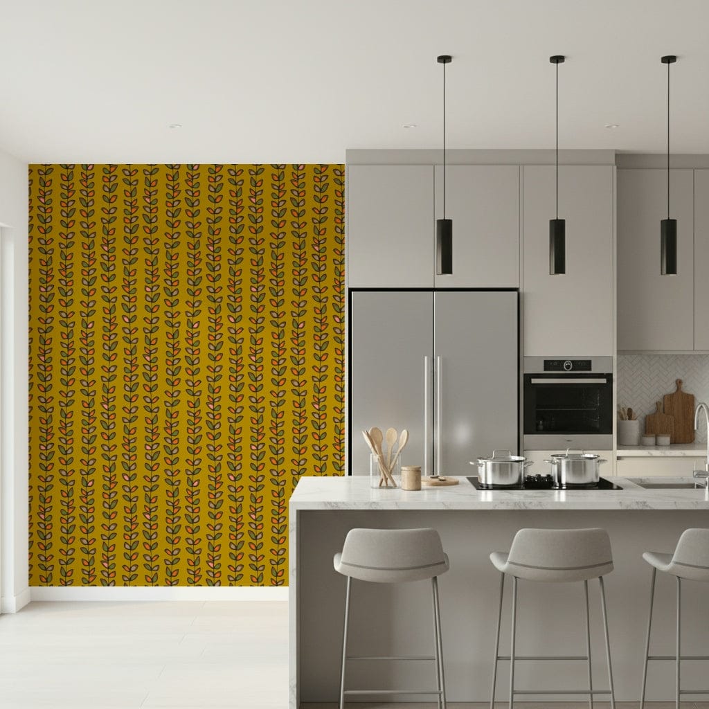 Vintage-inspired leaf patterns climbing up narrow vine stripes across a mustard yellow wallpaper.