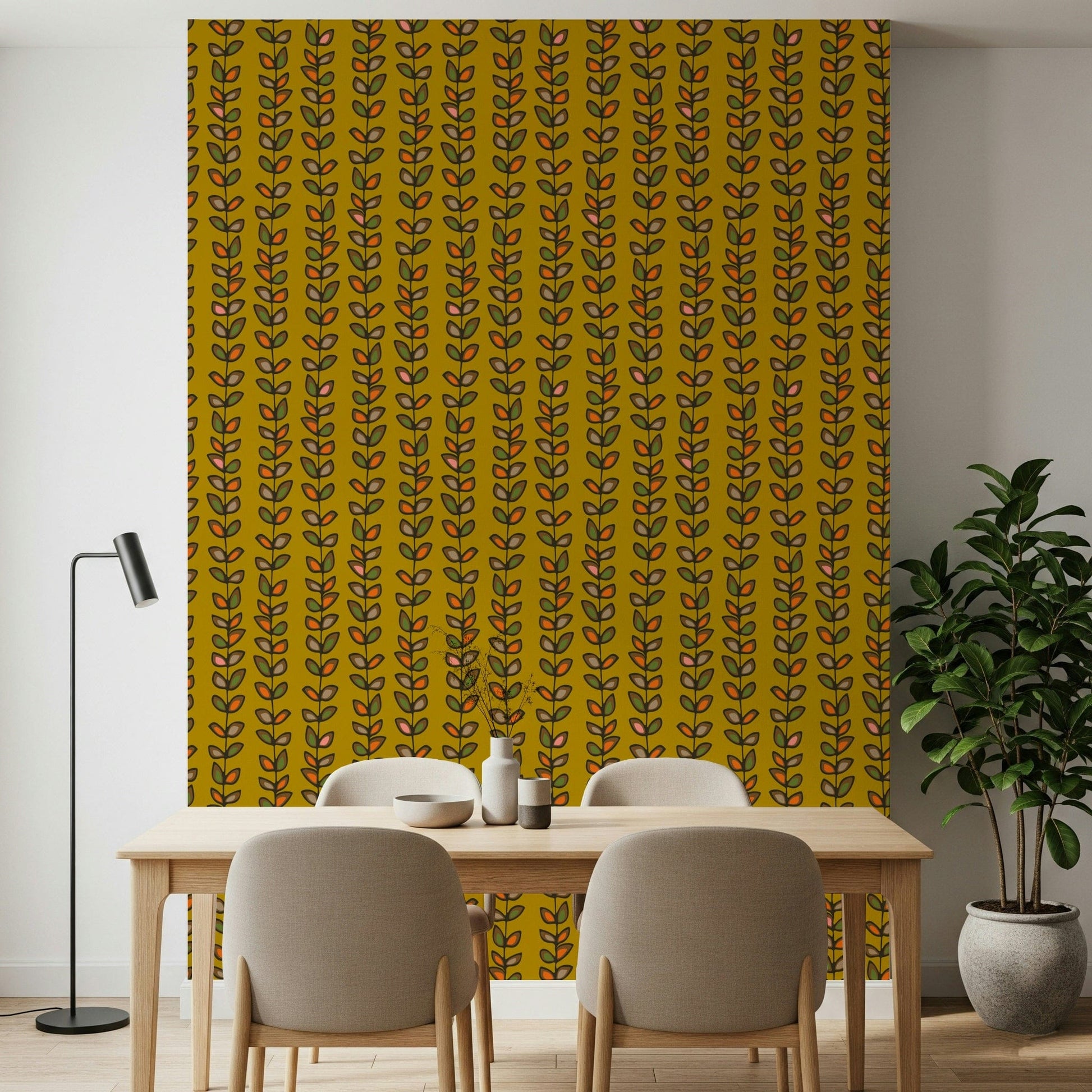 A patterned retro wallpaper with evenly spaced vine stripes and vibrant stylized leaves on a warm mustard base.