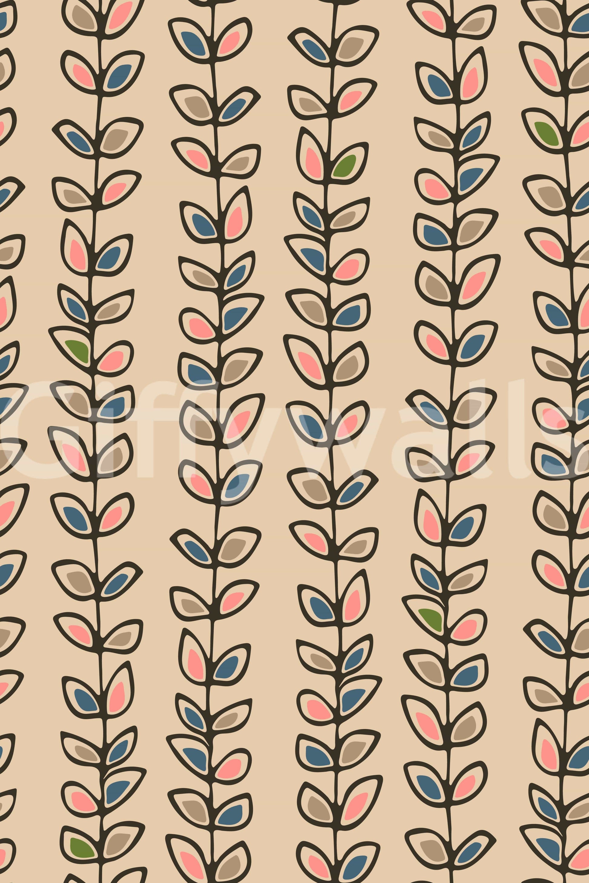 A charming retro leaf wallpaper featuring upward-growing vines in evenly spaced stripes.