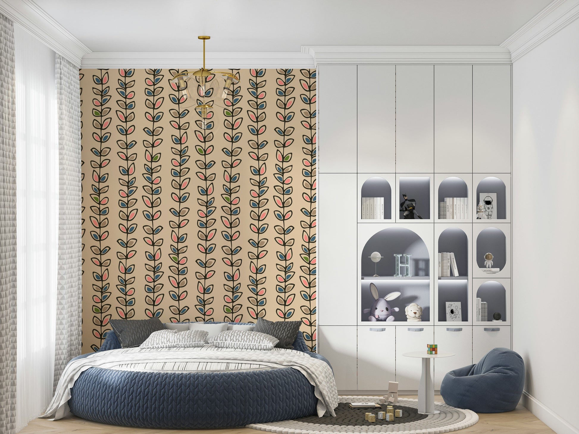 A retro leaves wallpaper featuring vertical climbing vines with colorful leaf patterns on a cream background.