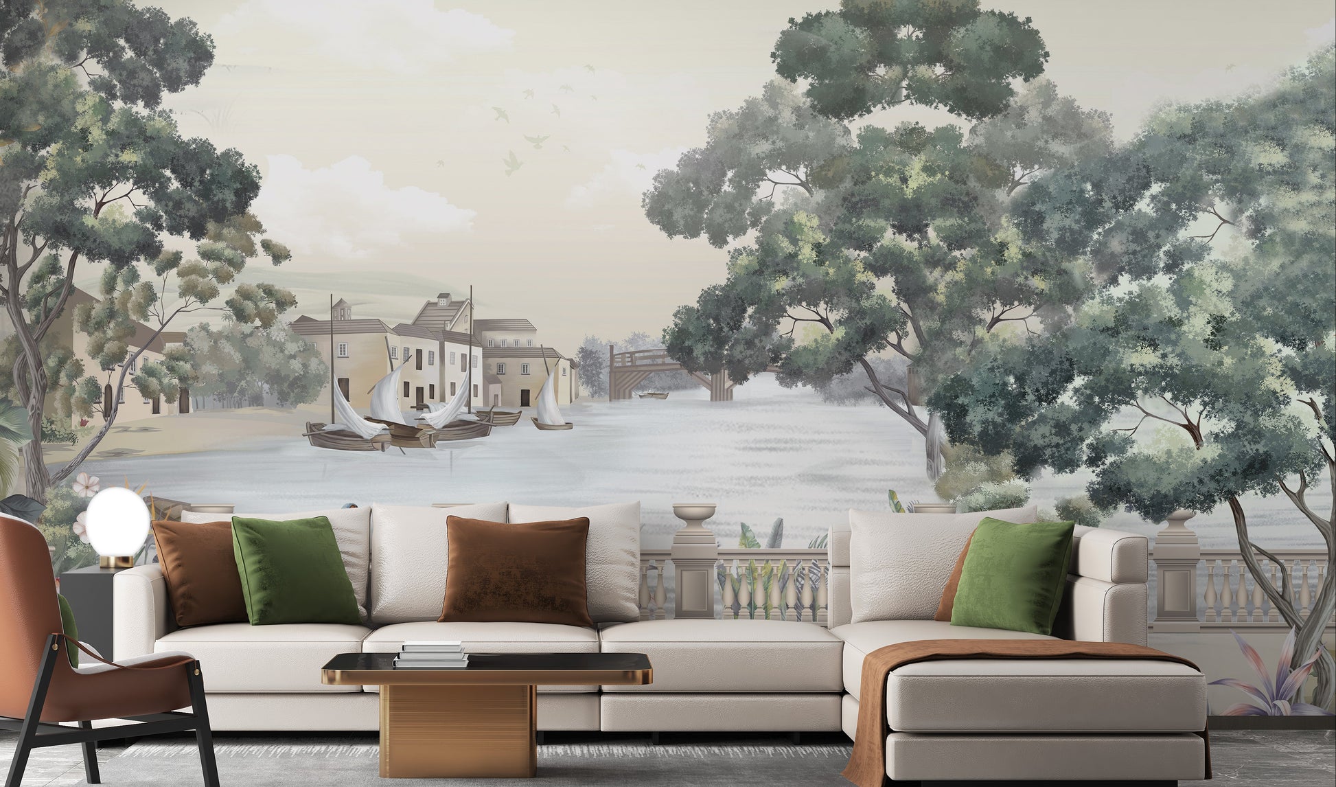 Vintage city wallpaper mural featuring a serene river view