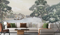 Vintage city wallpaper mural featuring a serene river view