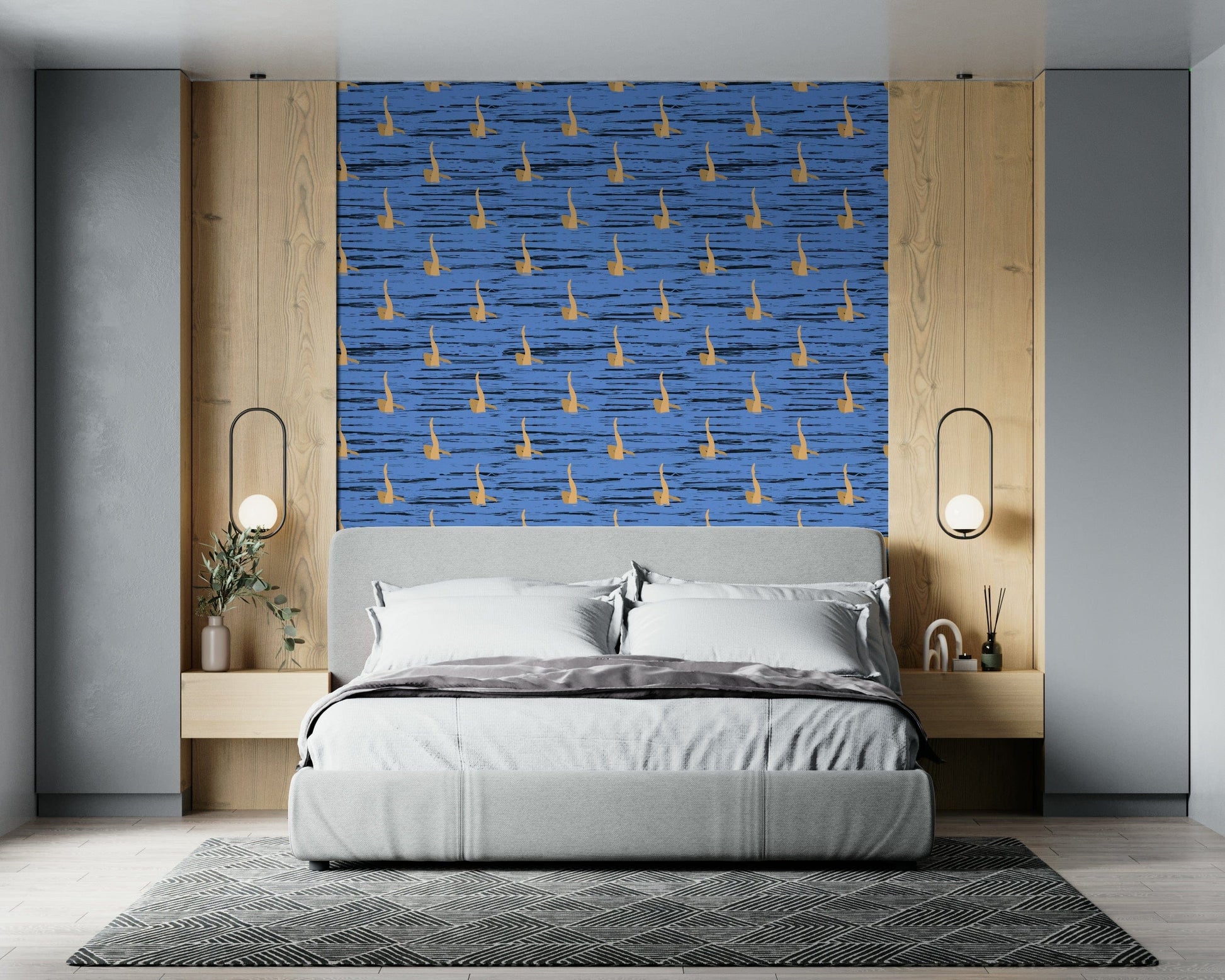 Blue and gold water rhythms wallpaper with repeating abstract organic shapes.