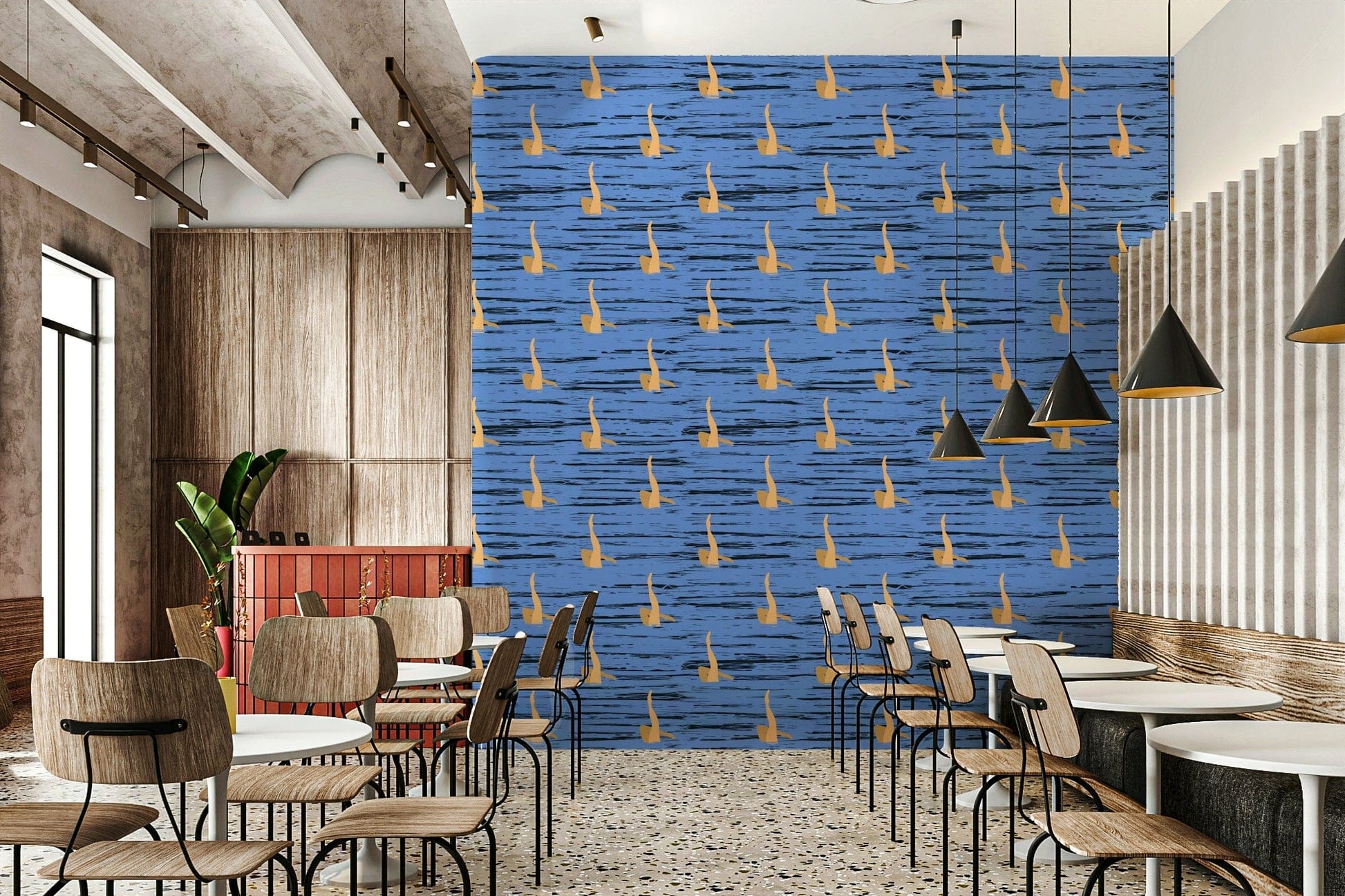 Water rhythms wallpaper featuring golden abstract shapes floating over blue wavy lines.