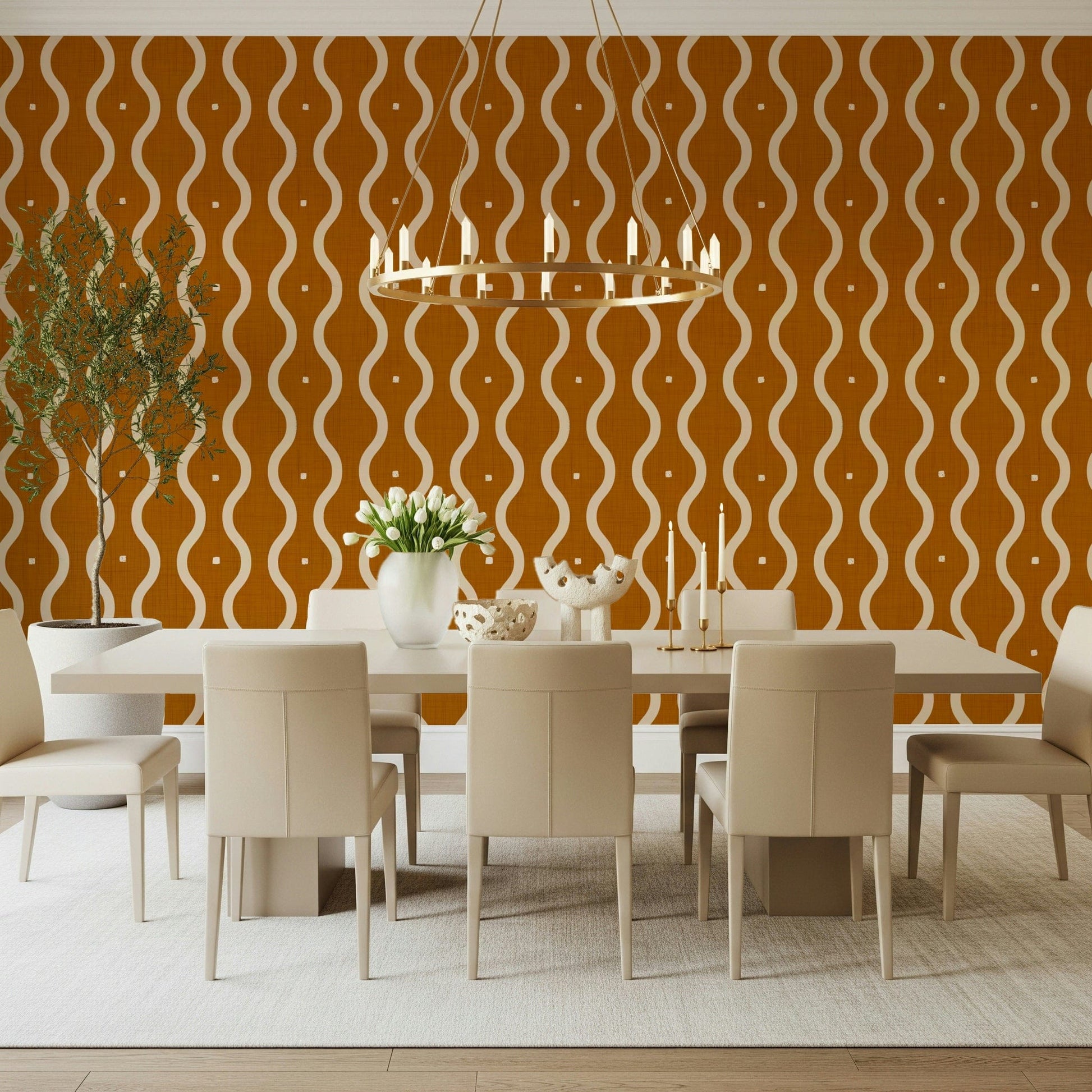 Warm ochre wall mural with beige wavy stripes and distressed texture.