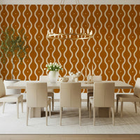 Warm ochre wall mural with beige wavy stripes and distressed texture.