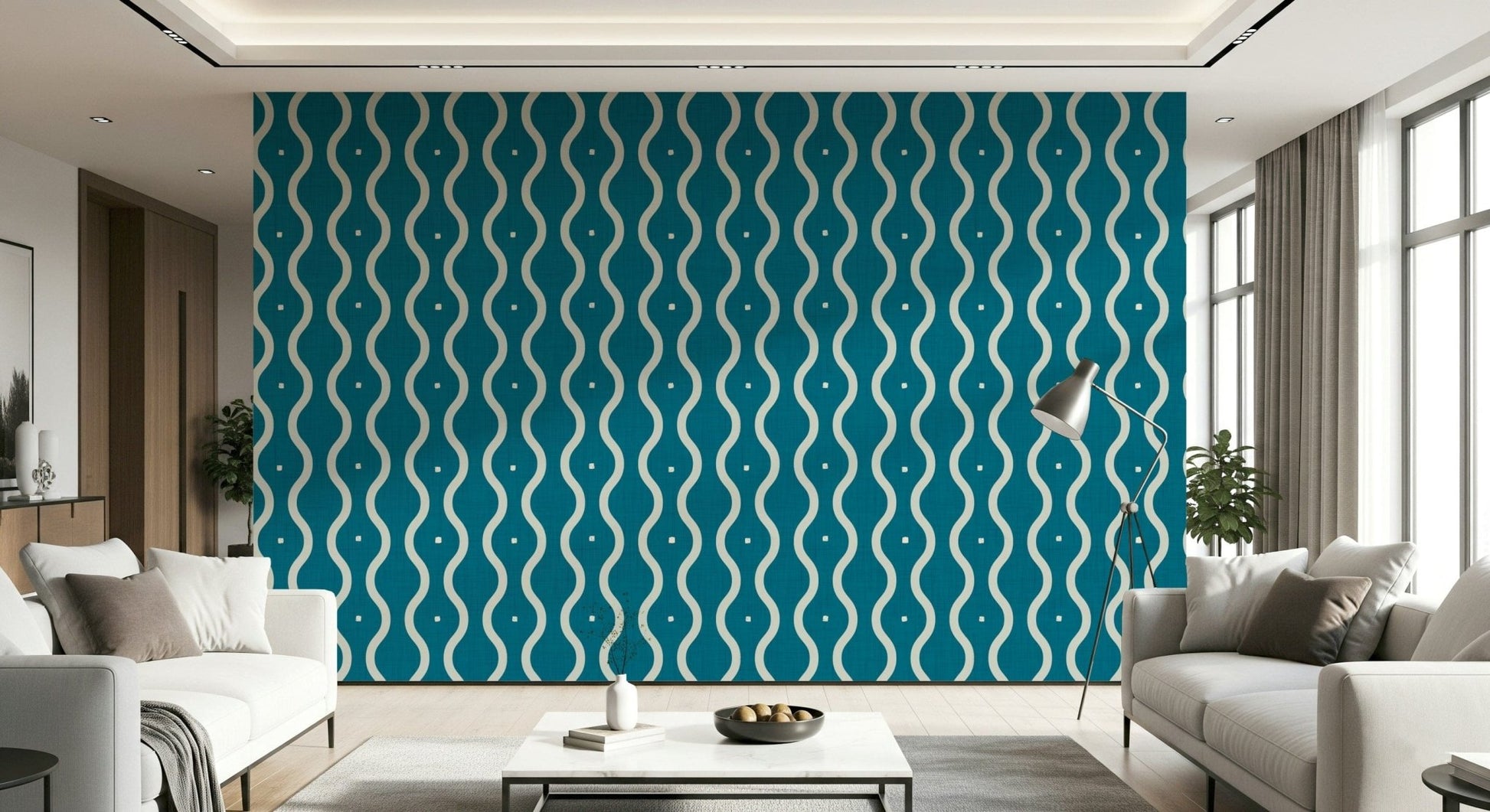 Retro Waves Teal statement wall paper retro movement.