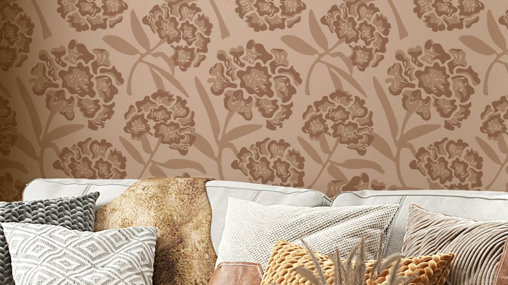 Rhododendrons Retro Floral Mocha Beige Cream Tan Wallpaper