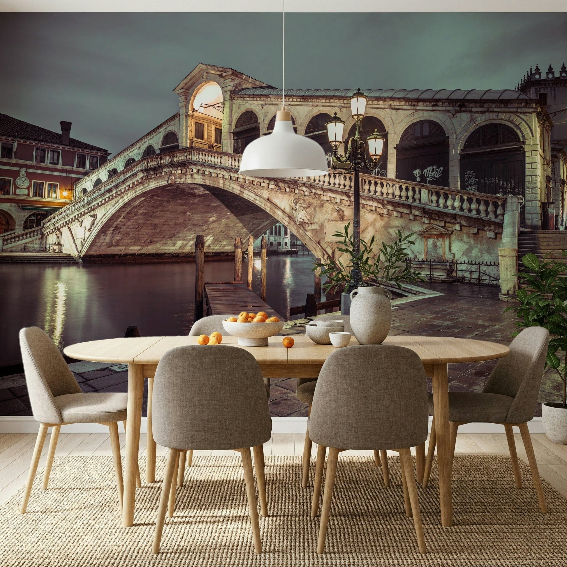 Historic Rialto Bridge wall graphic, water reflection, classic railing, beautiful design.