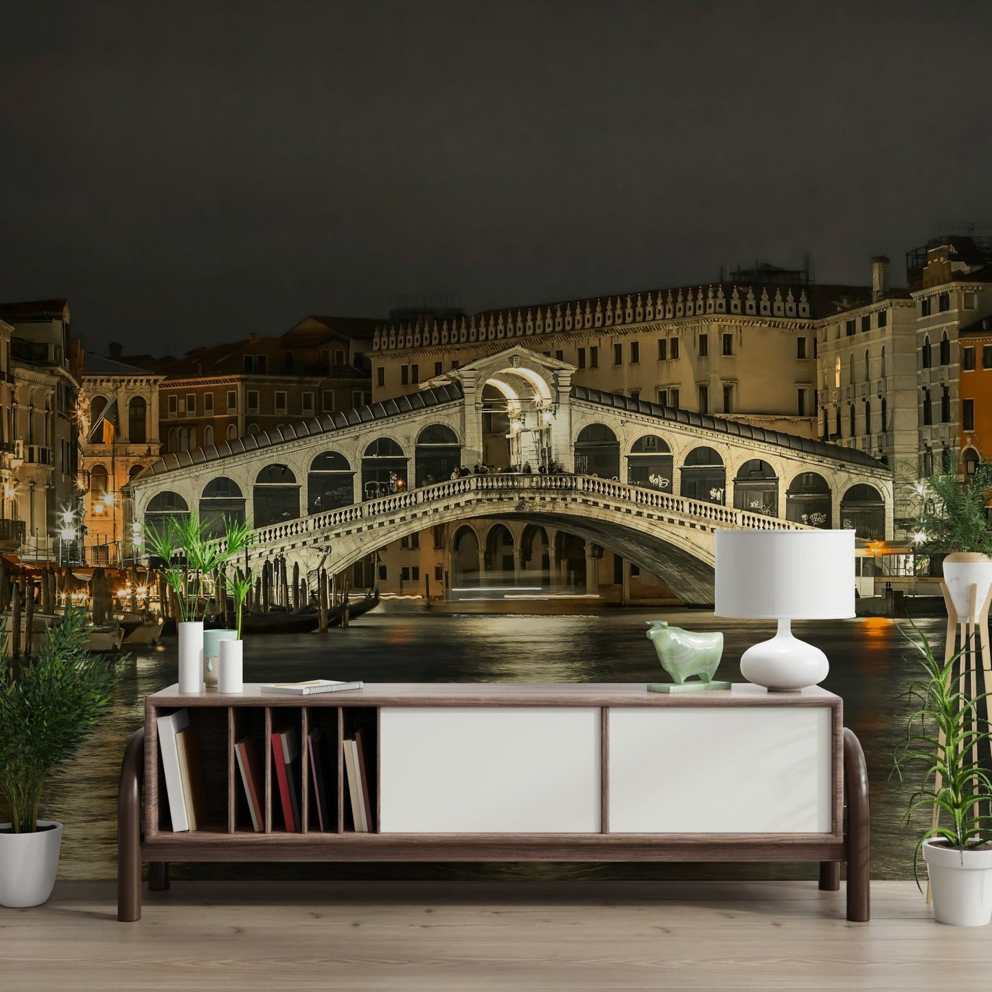 Venetian bridge night mural in dining room, warm lighting and contemporary chairs