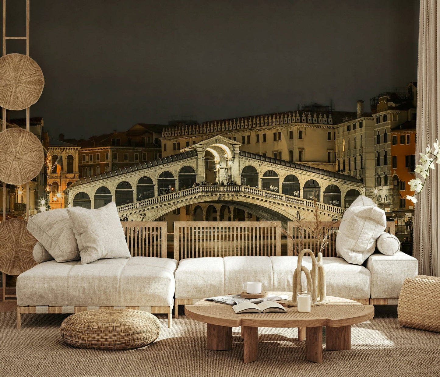 Rialto Bridge night wall mural in living room, canal reflections and monochrome-friendly home décor