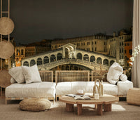 Rialto Bridge night wall mural in living room, canal reflections and monochrome-friendly home décor