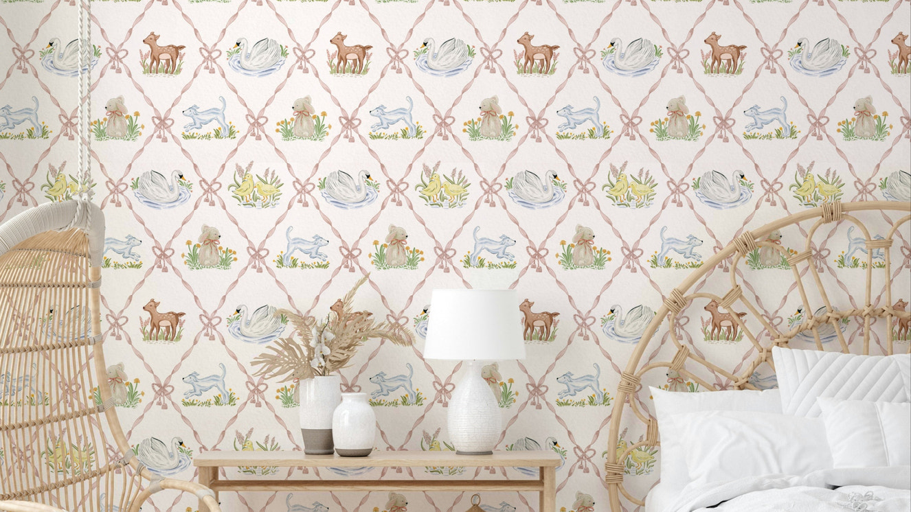 Soft pastel Ribbon & Rhymes nursery wallpaper design

