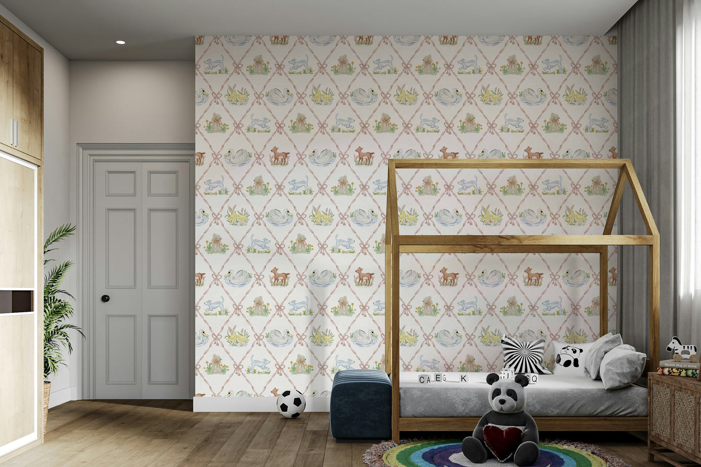 Whimsical nursery wallpaper featuring ribbon and rhyme elements

