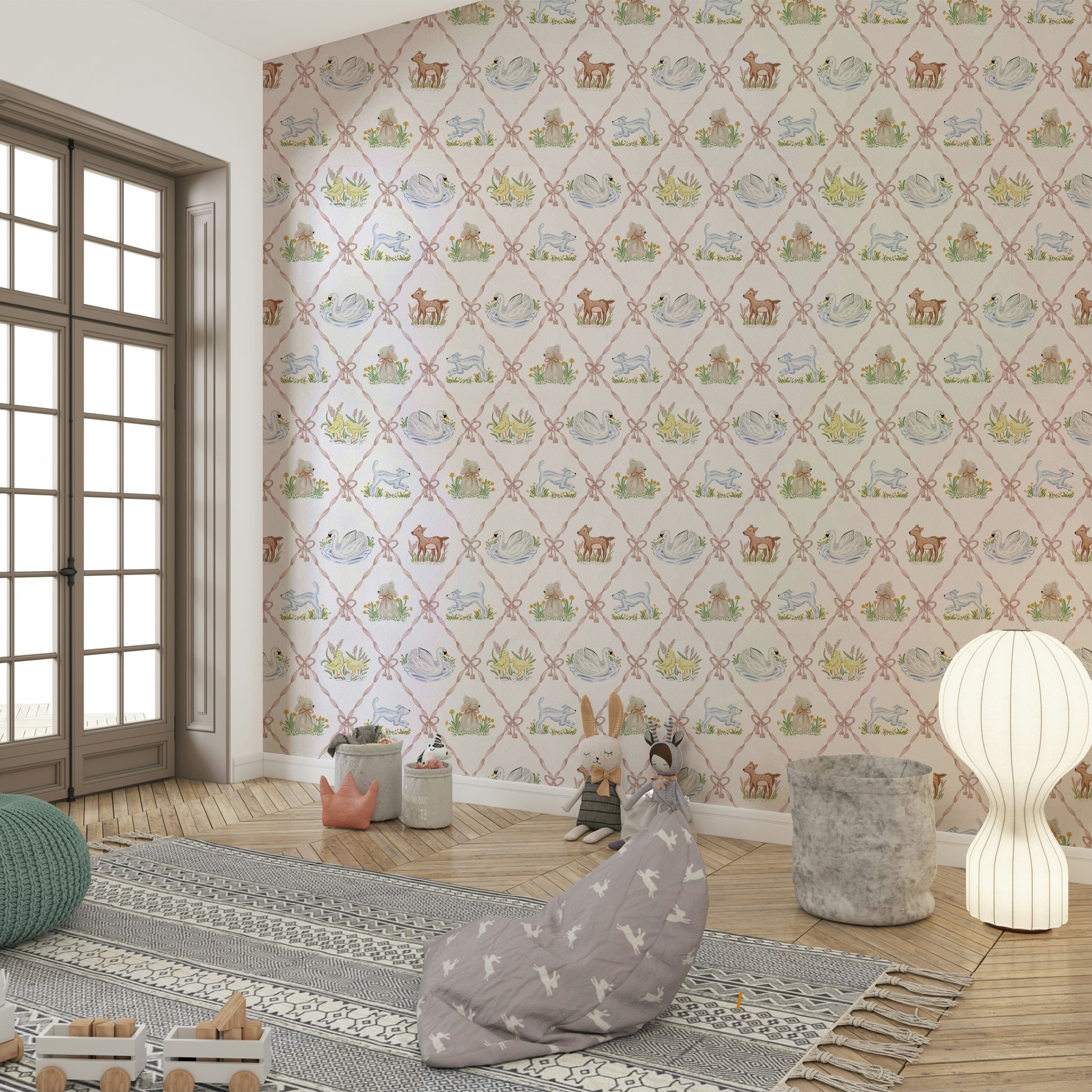 Light and soothing Ribbon & Rhymes wallpaper in baby’s room

