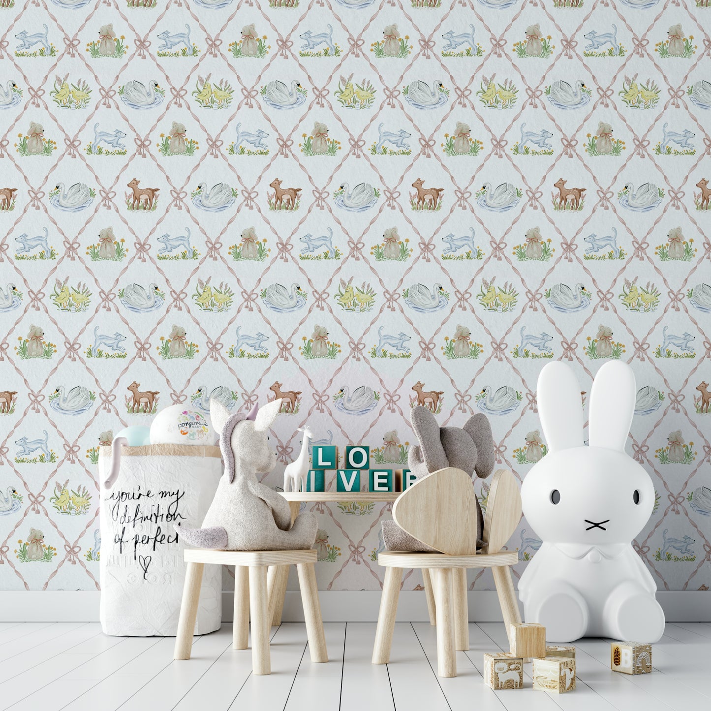 Cute ribbon and rhyme themed wallpaper for nursery decor

