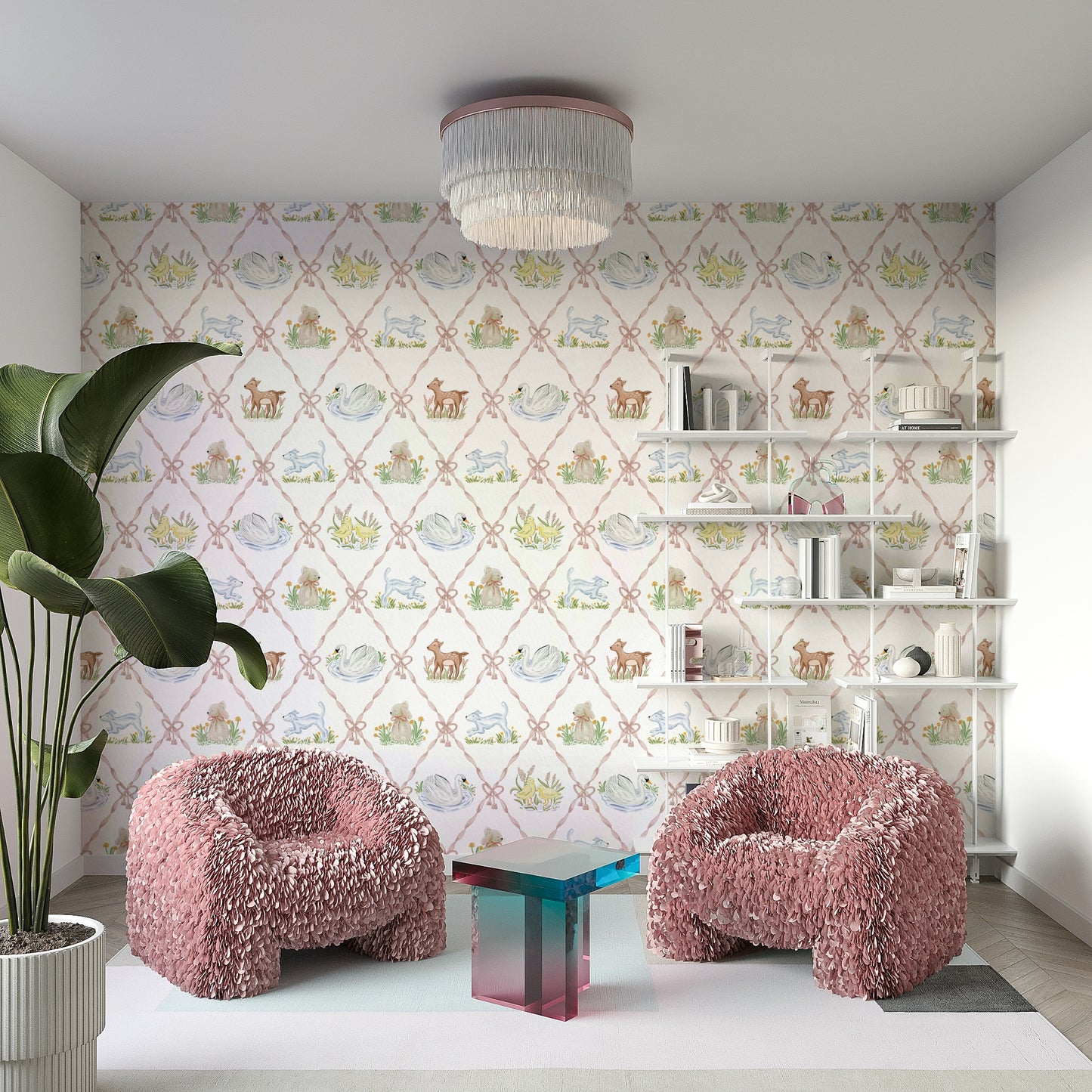 Charming ribbon pattern nursery wallpaper with playful motifs

