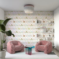 Charming ribbon pattern nursery wallpaper with playful motifs

