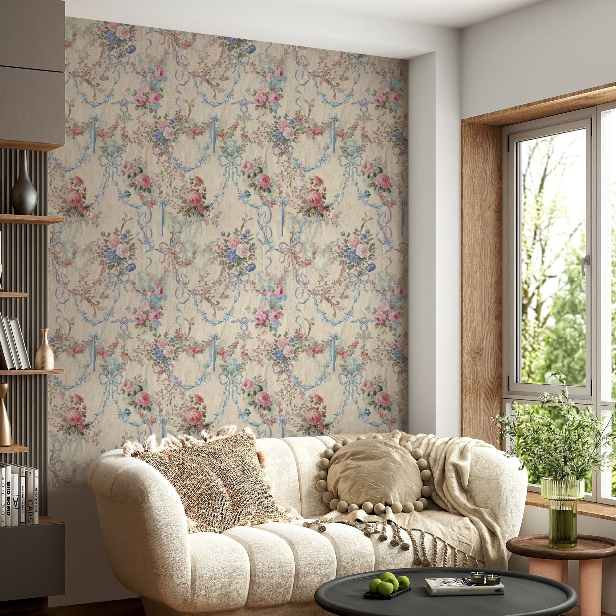 Ribbon Rose Serenade Chinoiserie wall mural vintage floral bouquets.