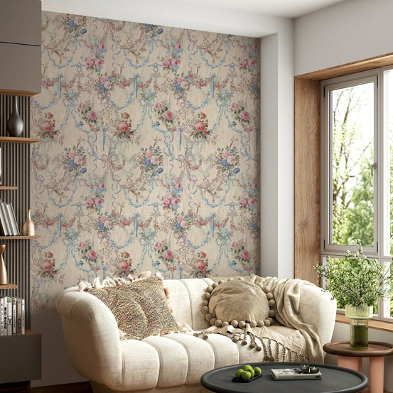 Ribbon Rose Serenade Chinoiserie wall mural vintage floral bouquets.