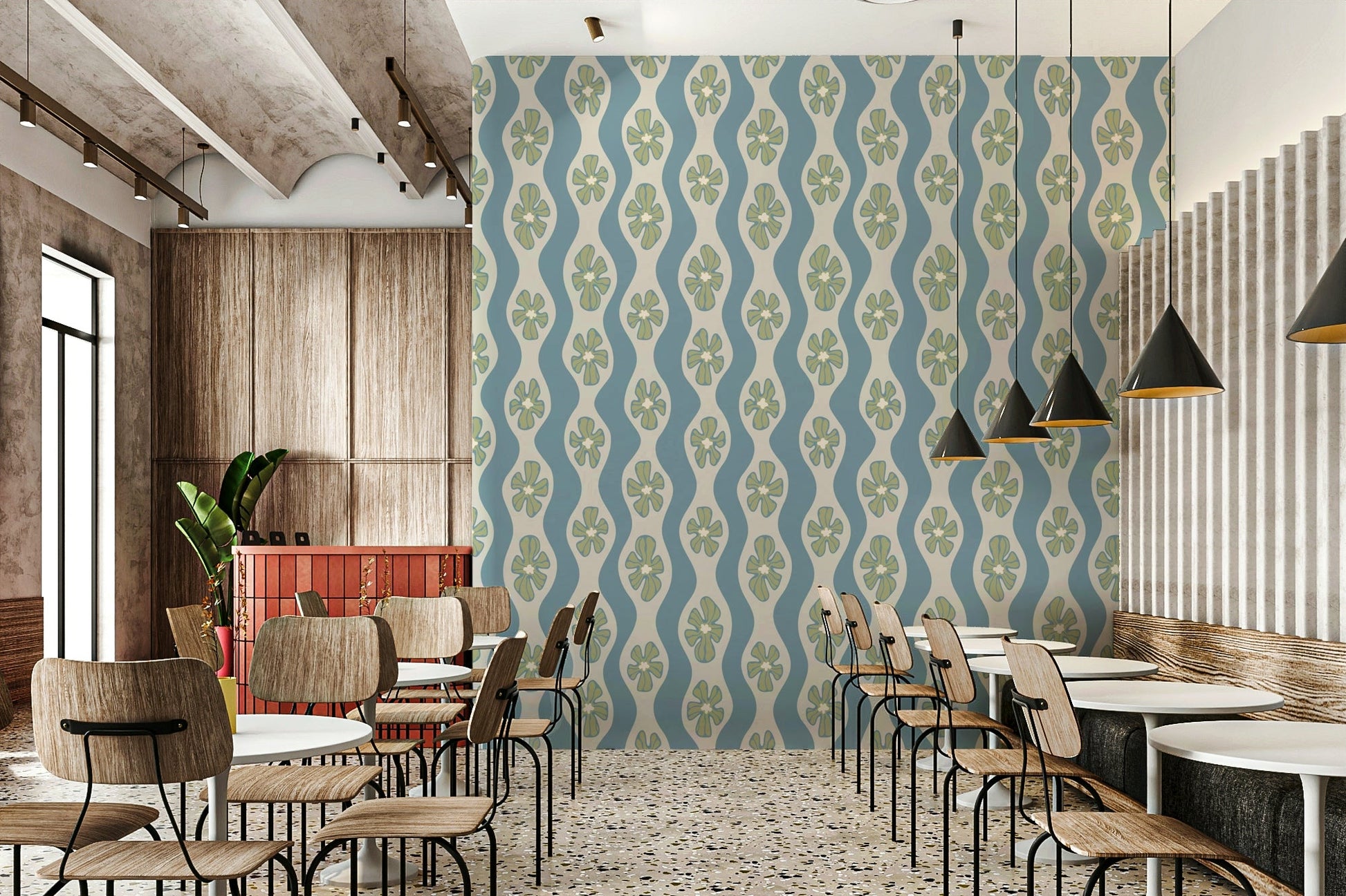 Retro flower wallpaper with wavy mid-century stripes

