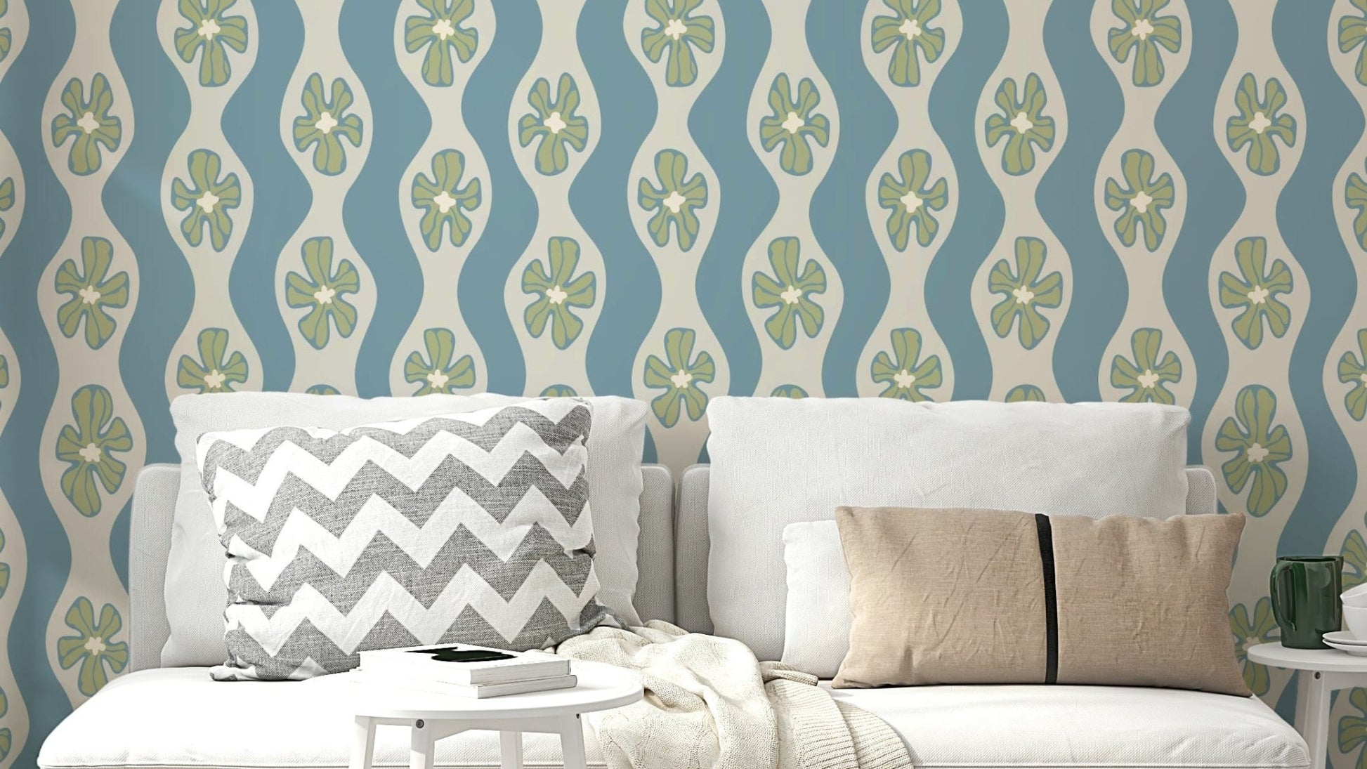 Ripple floral wallpaper in light blue cottage tones

