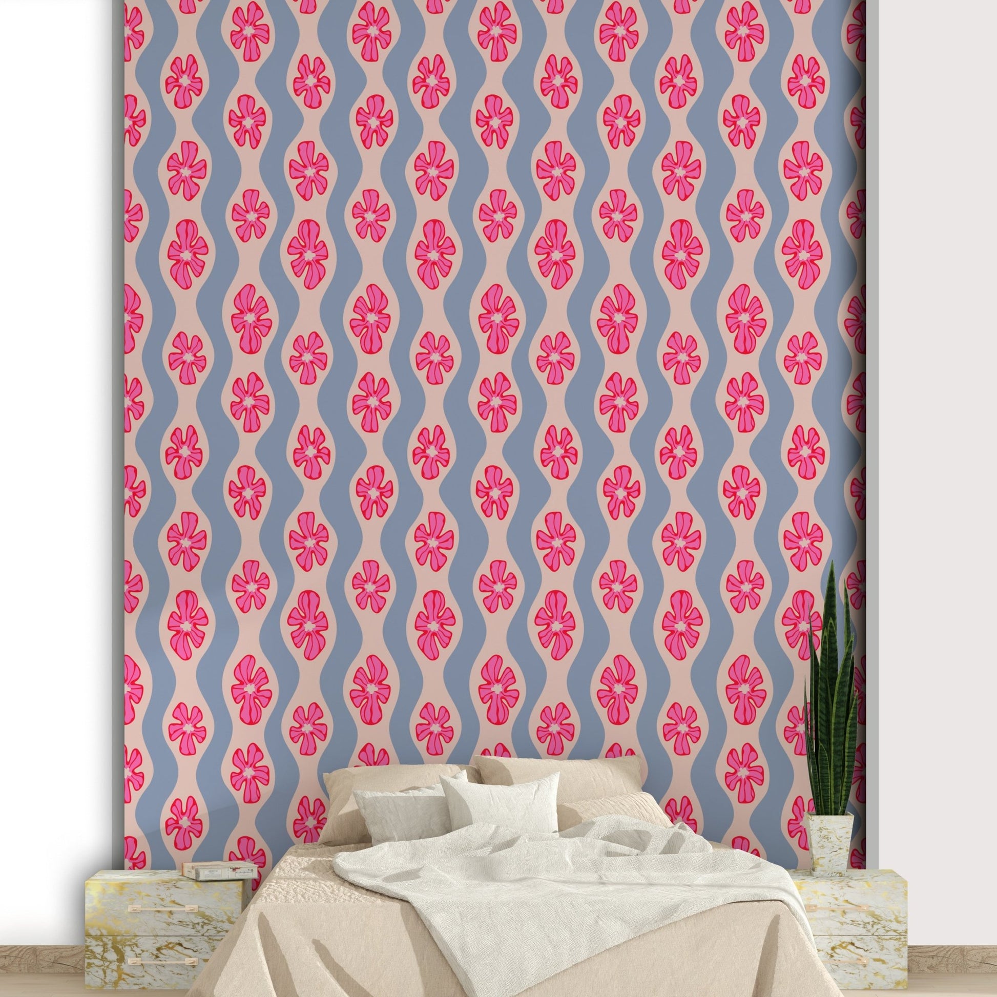 Mid-century inspired floral mural in pastel colors

