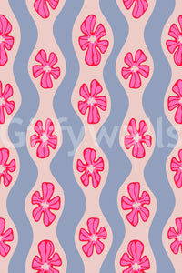 Ripple stripe wallpaper with pink and purple florals

