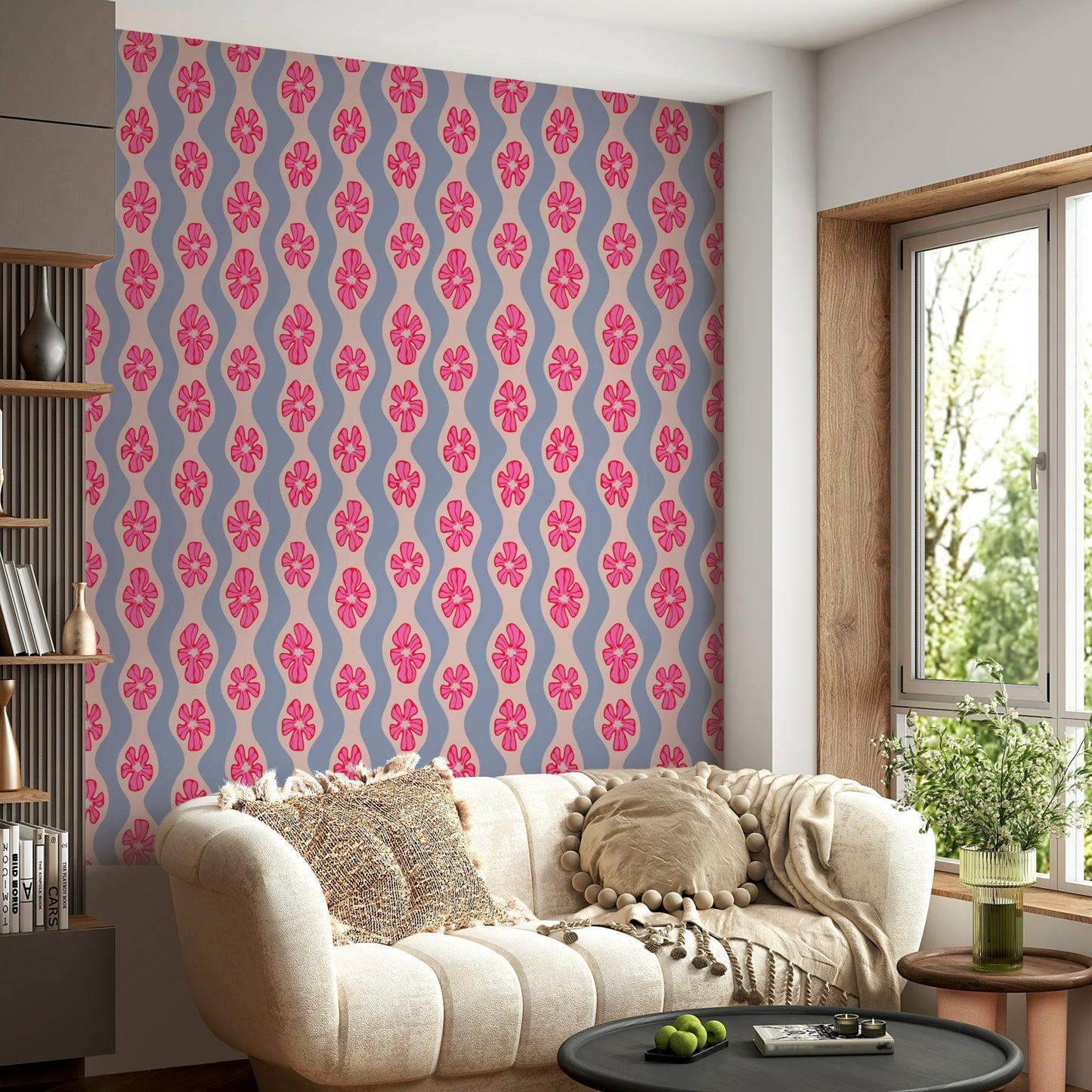 Retro flower print wallpaper in pretty pink and lavender

