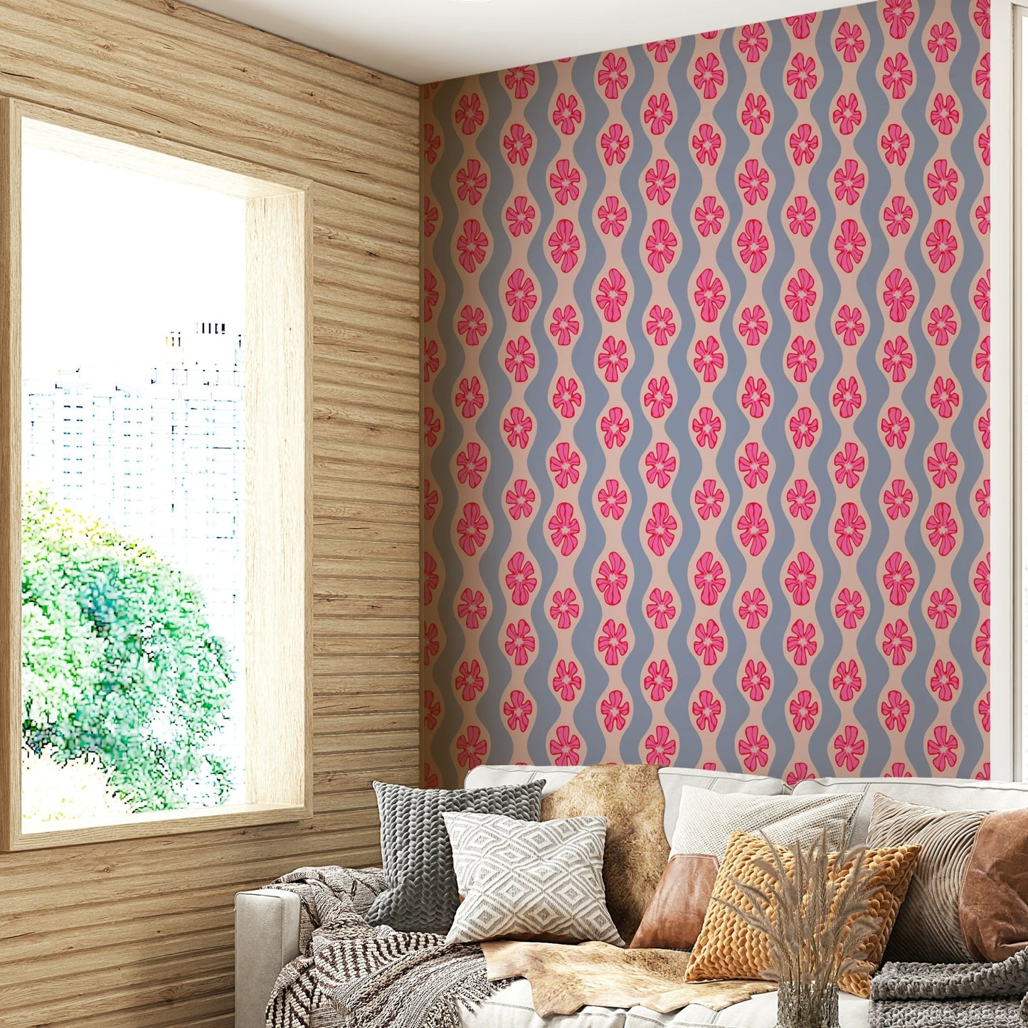 Wavy floral wallpaper with playful pink stripes

