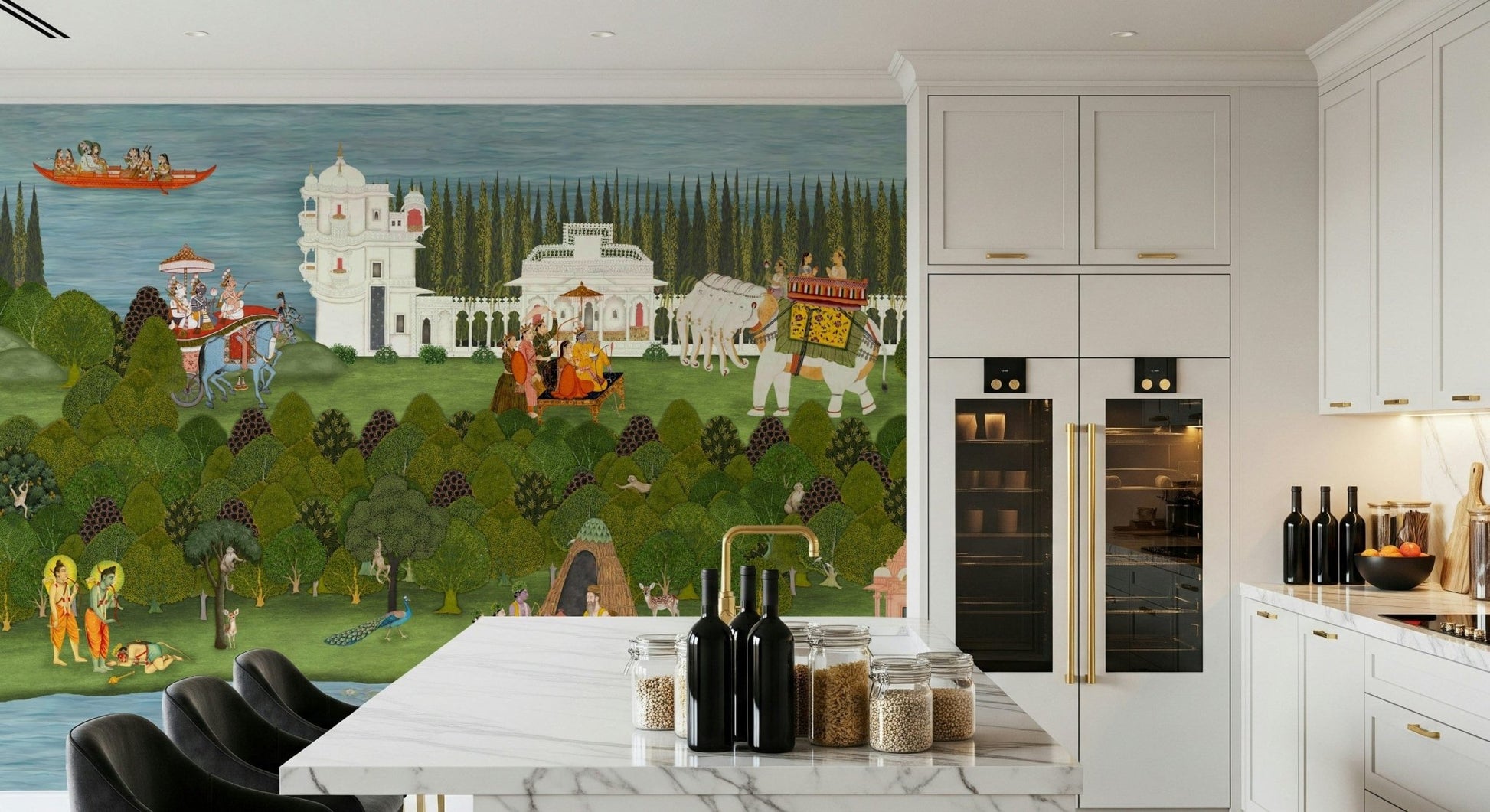 Calm riverside mural with sages, temples, and forest scenery