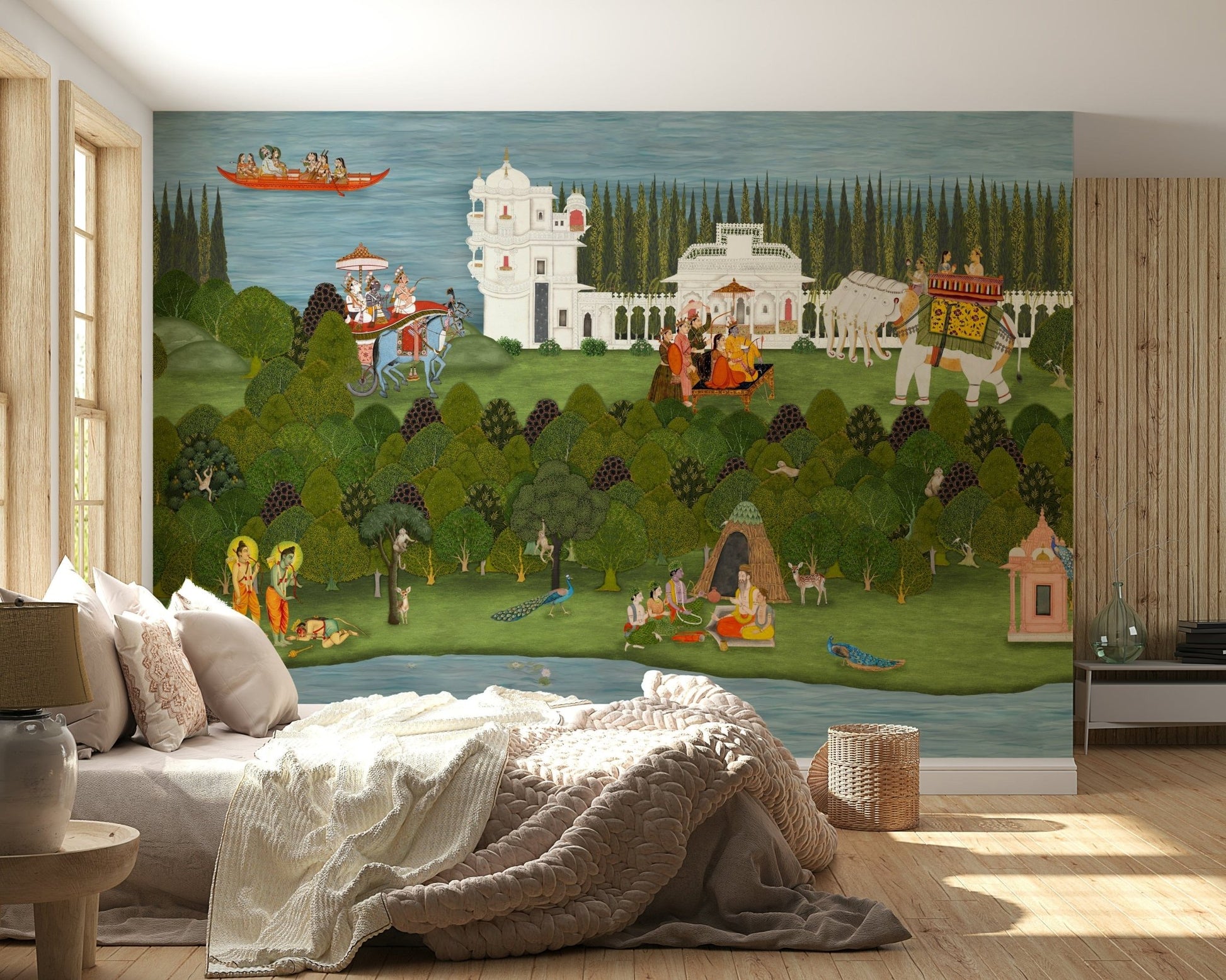 Scenic wall mural featuring elephants, trees, and sacred architecture