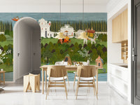 Hand-illustrated mural with Indian temples, animals, and greenery