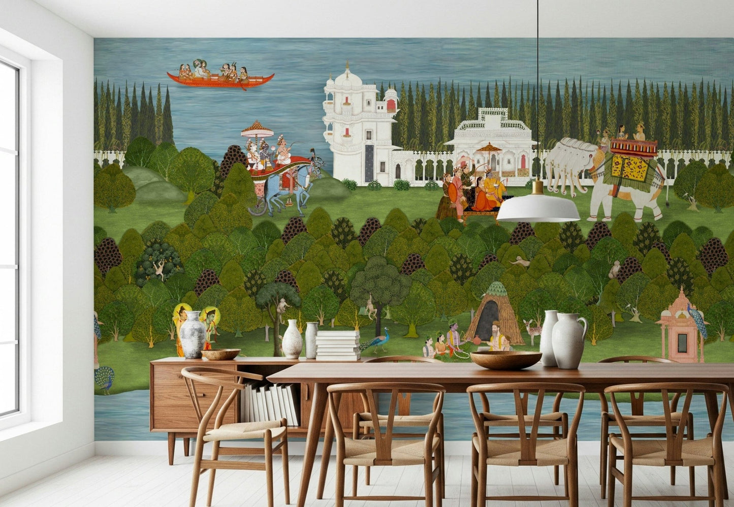 Indian miniature art style mural with storytelling landscape details