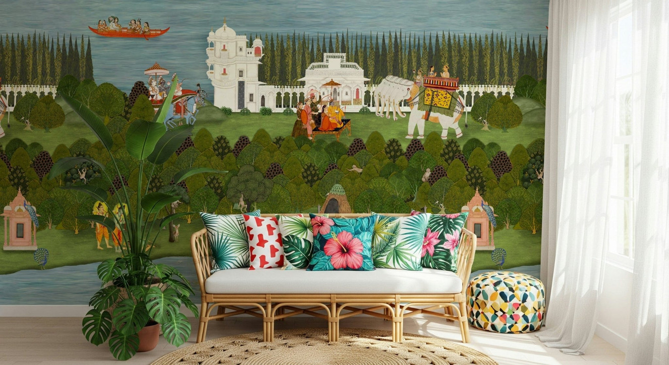 Traditional Indian miniature style mural with riverbanks and figures