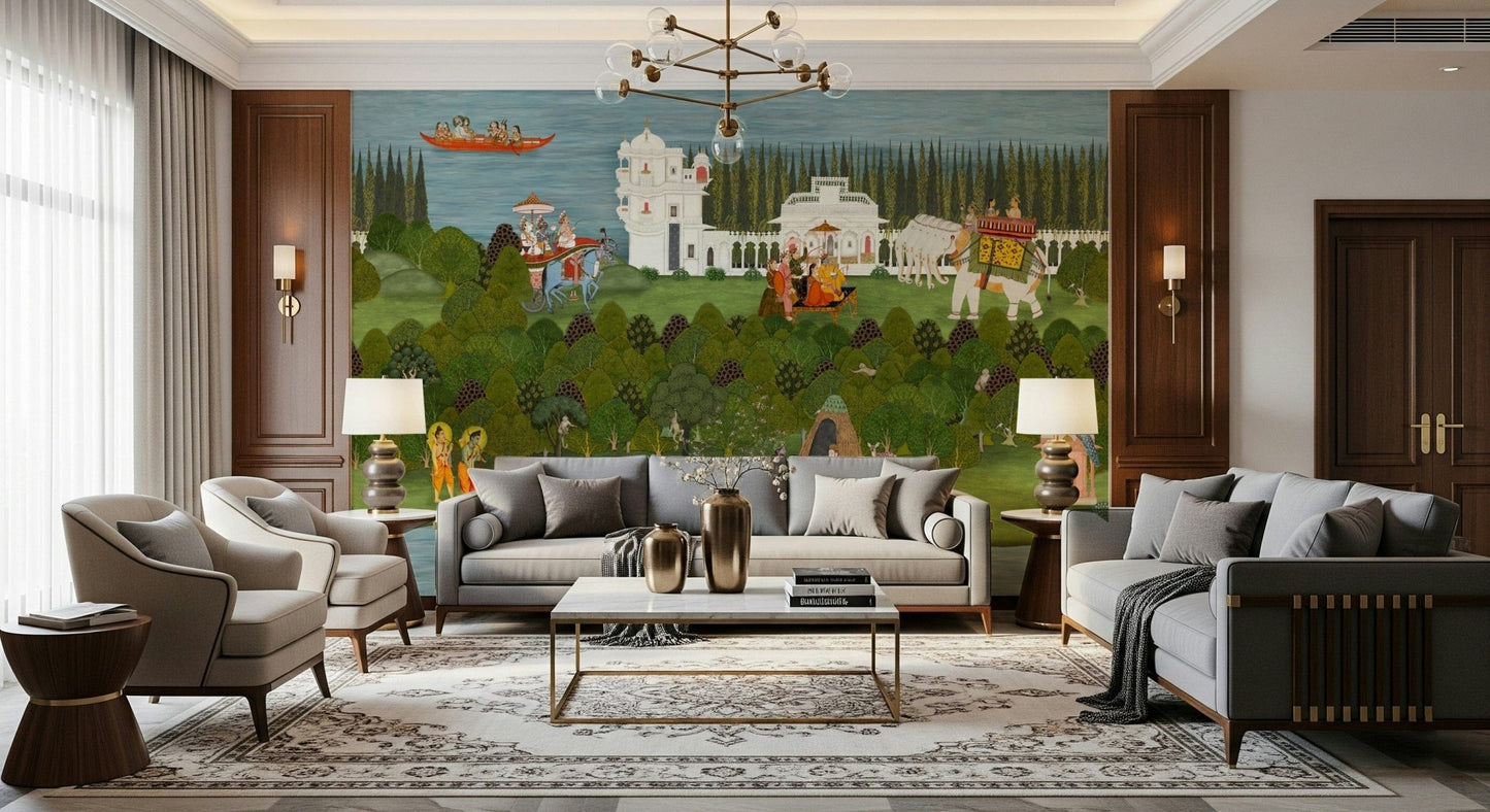 Panoramic wall mural inspired by Rishikesh and sacred river life