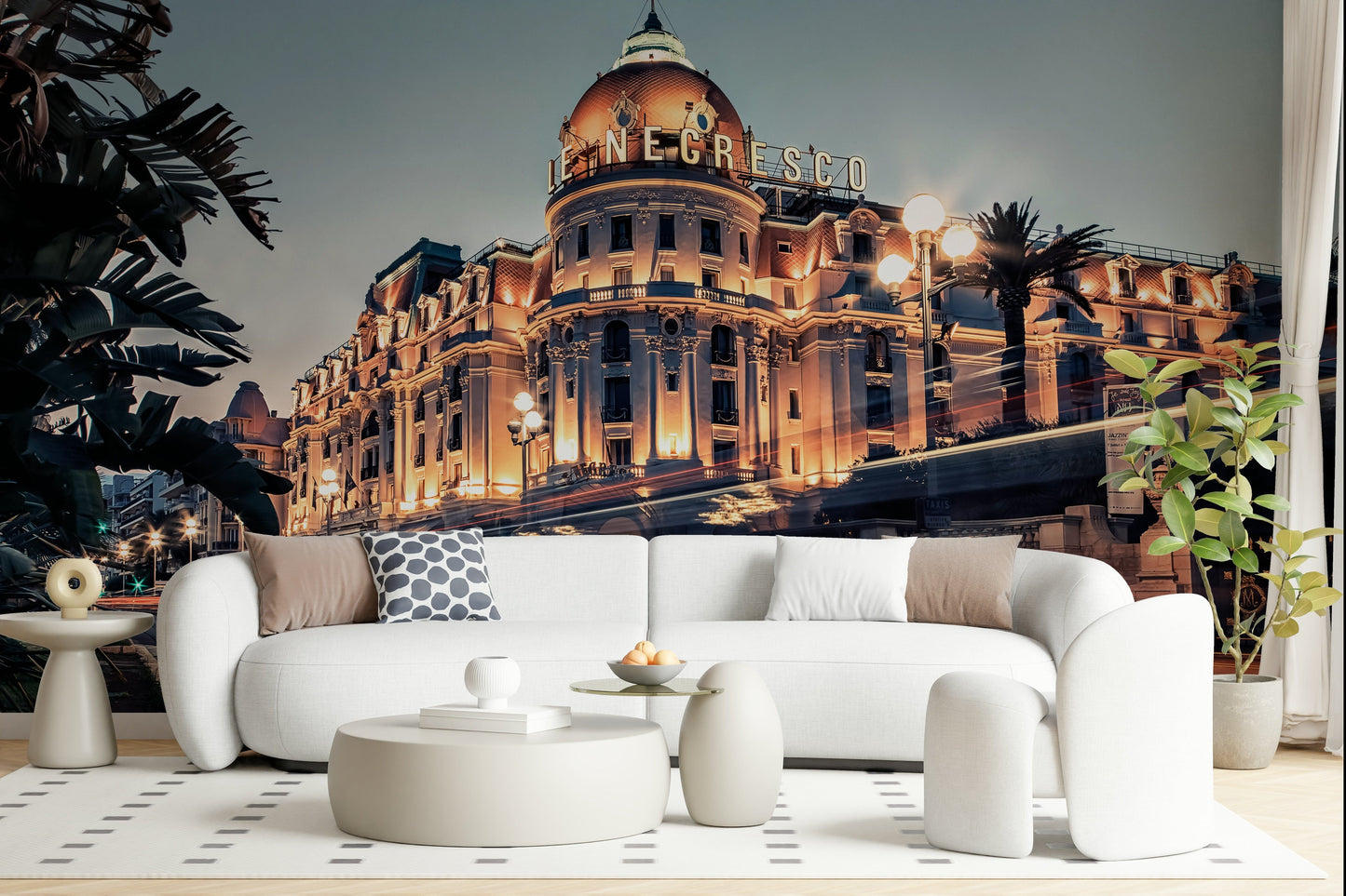 Coastal skyline mural on dining room feature wall, cool color palette